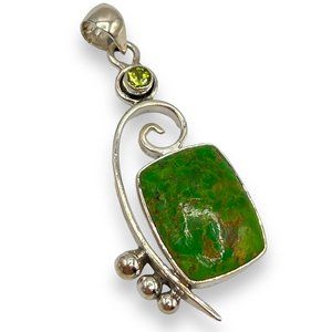 925 Sterling Silver Squared Mohave Green Turquoise & Peridot Pendant - 8.3g